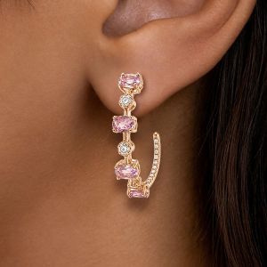 Rose Gold Oval Cut Pink Sapphire Statement Hoop Earrings For Women