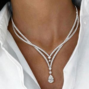 Double Row Pear Cut White Sapphire Layered V-Necklace For Women