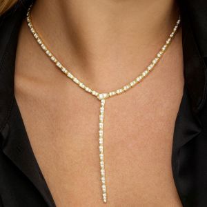 Gold Round Cut White Sapphire Y‑Drop Pave Tennis Necklace Lariat Necklace For Women