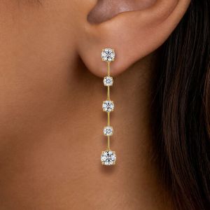 Gold Five-Stone Round Cut White Sapphire Linear Drop Earrings For Women