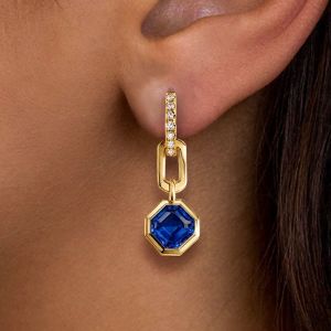 Golden Bezel Asscher Cut Blue Sapphire Drop Earrings For Women