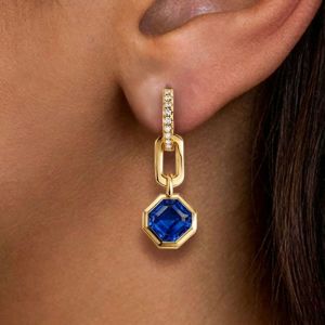 Golden Bezel Asscher Cut Blue Sapphire Drop Earrings For Women