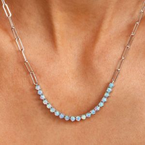 Round Cut Opal Paperclip Chain Choker Pendant Necklace  For Women