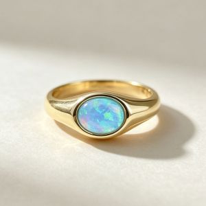 Gold Bezel Solitaire Cabochon Oval Cut Opal Signet Ring Engagement Ring For Women