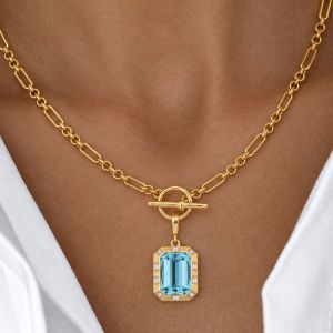 Gold Emerald Cut Aquamarine Paperclip Chain Necklace Pendant Necklace For Women