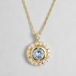 Gold Halo Bezel Round Cut Aquamarine Pendant Necklace For Women