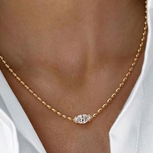 Gold Solitaire Half Bezel Marquise Cut White Sapphire Pendant Necklace For Women