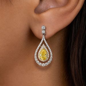 Two Tone Double Halo Pear Cut Yellow Sapphire Drop Earrings For Women
