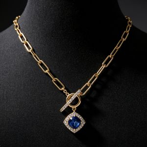 Halo Gold Cushion Cut Blue Sapphire Paperclip Chain Toggle Pendant Necklace For Women