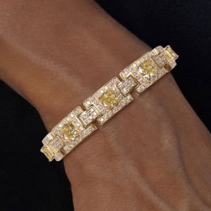 Halo Gold Cushion Cut Yellow Sapphire Linked Bracelet For Women