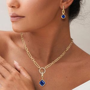 Gold Asscher Cut Blue Sapphire Necklace & Earrings Set For Women Wedding Jewelry