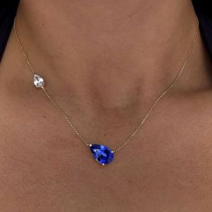 Gold Pear Cut Blue Sapphire Bridal Jewelry Pendant Necklace For Women