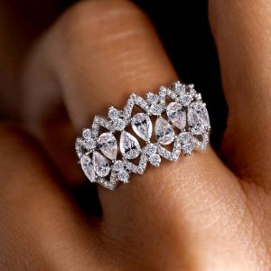 Cluster Design Pear Cut White Sapphire Cocktail Ring Wedding Band For Women