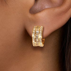 Multi-Row Gold Baguette & Round Cut White Sapphire Channel Set Hoop Earrings For Women