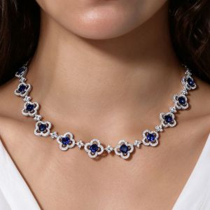Luxury Clover Halo Cushion Cut Blue Sapphire Statement Necklace For Women Wedding Jewelry