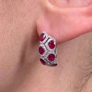 Pave Setting Halo Oval Cut Ruby Sapphire Hoop Earrings For Women