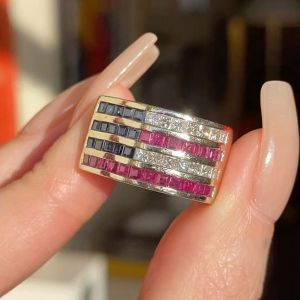 Gold Multi-Row Asscher Cut Blue & Ruby Sapphire Wedding Band For Women
