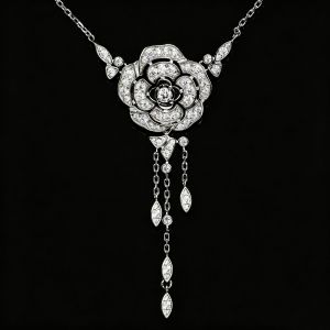 Art Deco Round Cut White Sapphire Camellia Cluster Y-Drop Tassel Pendant Necklace For Women