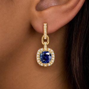 Gold Halo Cushion Cut Blue Sapphire Drop Earrings For Women