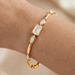 Gold Emerald Cut White Sapphire Link Bracelet Elegant Wedding Bridal Bracelet For Women