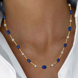 Multi-Cut Blue Sapphire Gold Chain Necklace For Women