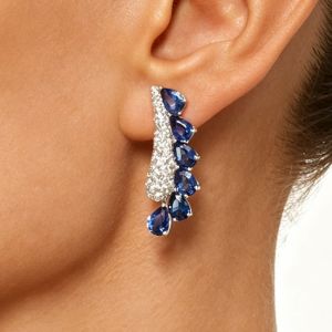 Pave Setting Pear Cut Blue Sapphire Curved Drop Earrings For Women