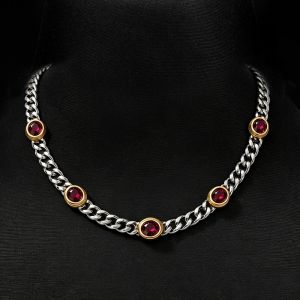 Two Tone Bezel Oval Cut Ruby Sapphire Curb Chain Choker Necklace For Women