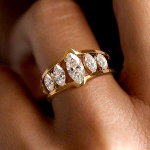 Gold Five Stone Marquise Cut White Sapphire Engagement Ring For Women