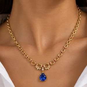 Pear Cut Blue Sapphire Gold Oval Link Chain Pendant Necklace For Women