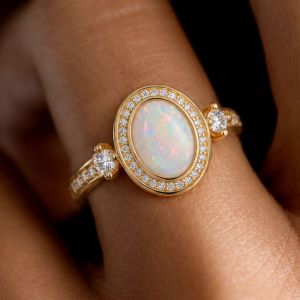 Gold Halo Oval Cut Opal Engagement Ring For Women