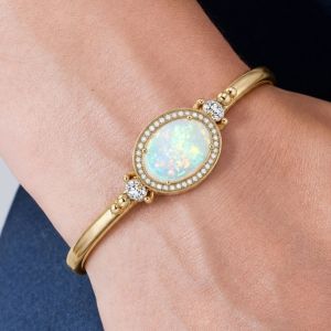 Gold Halo Oval Cut Opal Bracelet Bangle For Women