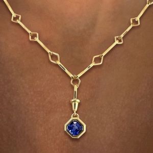 Golden Solitaire Bezel Lozenge Motif Asscher Cut Blue Sapphire Chain Necklace Pendant Necklace For Women