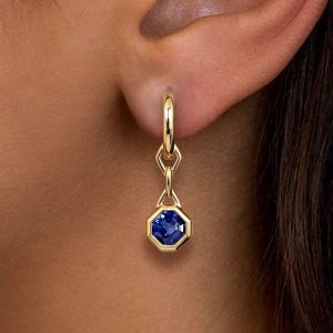 Golden Bezel Lozenge Motif Asscher Cut Blue Sapphire Drop Earrings For Women