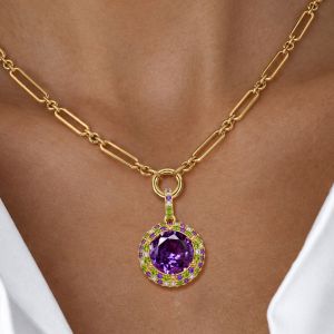 Golden Halo Round Cut Peridot & Amethyst Sapphire Paperclip Chain Pendant Necklace For Women