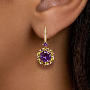 Golden Halo Round Cut Peridot & Amethyst Sapphire Drop Earrings For Women