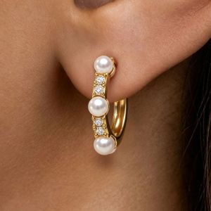 Gold Round Cut Pearl Drop Earrings For Women