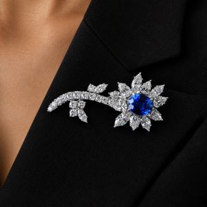 Oval Cut Blue Sapphire Floral Pin Brooch For Women