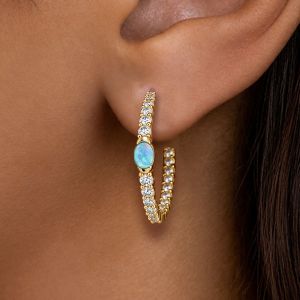 Golden Oval Cut Blue Sapphire Hoop Earrings For Women
