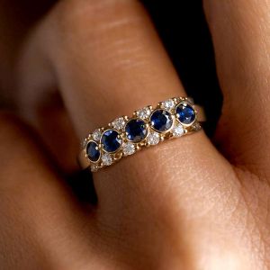 Gold Round Cut Blue Sapphire Half Eternity Wedding Band For Women