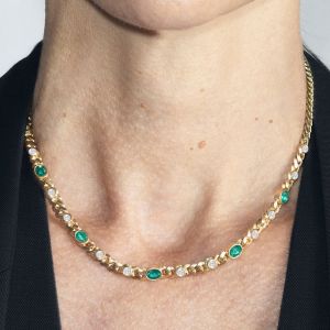 Gold Bezel Oval Cut Emerald Sapphire Curb Chain Necklace For Women