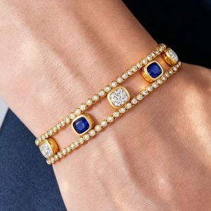 Gold Bezel Cushion Cut Blue Sapphire Tennis Bracelet For Women
