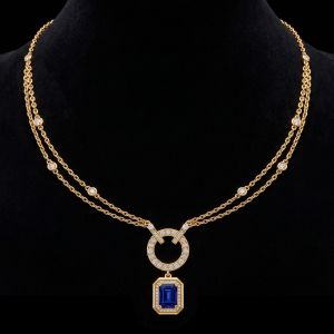 Gold Chain Halo Emerald Cut Blue Sapphire Double Layer Pendant Necklace For Women