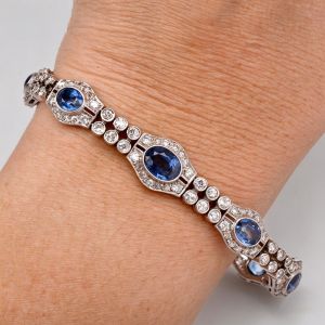 Art Deco Halo Milgrain Bezel Oval Cut Blue Sapphire Bracelet For Women