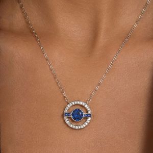 Art Deco Round Cut Blue Sapphire Paperclip Chain Circle Pendant Necklace For Women
