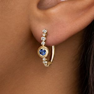 Gold Bezel Set Round Cut Blue Sapphire Hoop Earrings For Women