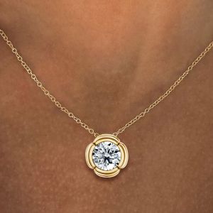 Solitaire Gold Four Petal Bezel Set Round Cut White Sapphire Pendant Necklace For Women