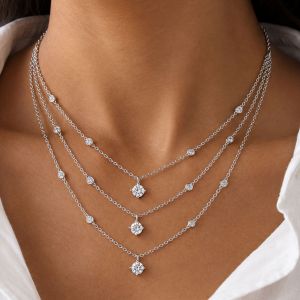Round Cut White Sapphire V-Shaped Multi Strand Layering Necklace For Women Wedding Jewelry