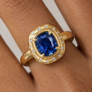 Halo Gold Cushion Cut Blue Sapphire Engagement Ring For Women