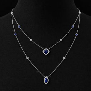 Cushion & Marquise Cut Blue Sapphire Double Layer Pendant Necklace For Women