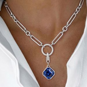 Paperclip Chain Necklace Asscher Cut Blue Sapphire Pendant Necklace For Women